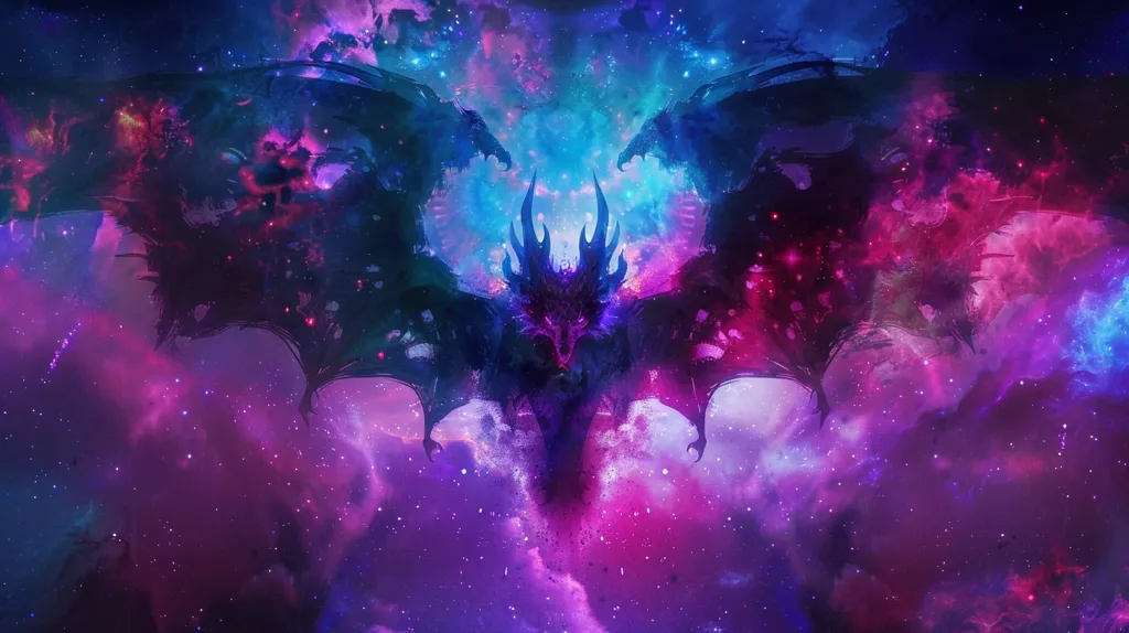 The image depicts a black dragon with its wings spread wide, silhouetted against a cosmic background of swirling pink, purple and blue nebulae. The dragon appears to be flying towards the viewer, with its head tilted slightly upwards, as if looking down at the world below. The image is full of energy and movement, and evokes a sense of power and majesty.