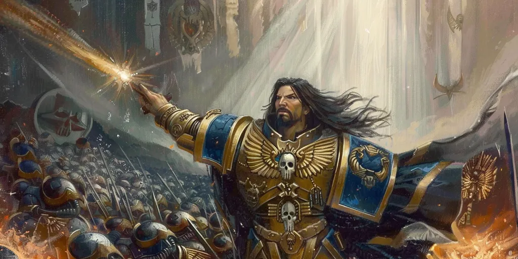 The image depicts a warrior clad in blue and gold armor, with a long black cape billowing behind him. He holds aloft a glowing weapon, his face stern and resolute. His gaze is fixed on something beyond the frame. He stands before a vast army of armored soldiers, their ranks stretching out into the distance. The scene is bathed in a soft, ethereal light, giving it an almost otherworldly feel.  The warrior's confident posture and the sheer number of soldiers suggest a momentous battle is about to unfold.  The image is likely from a science fiction or fantasy setting.