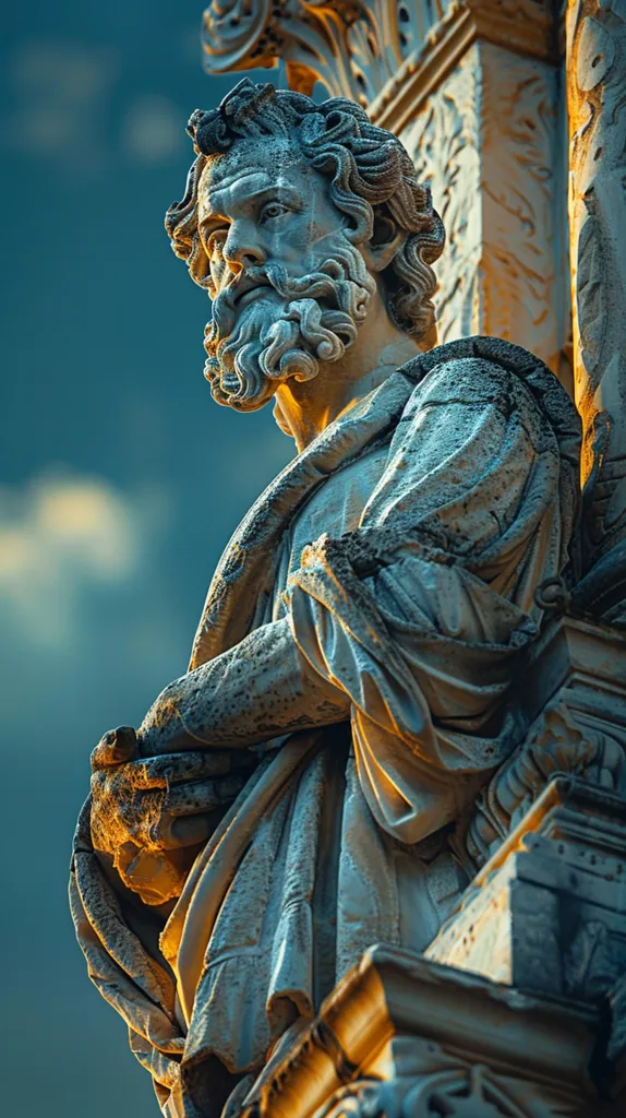A weathered stone statue of a man with a beard and long hair stands on a pedestal. He wears a long robe with his hands clasped in front of him. The statue is partially illuminated by sunlight, creating dramatic shadows. The background features a cloudy sky.  The statue's worn surface adds to the sense of age and history.
