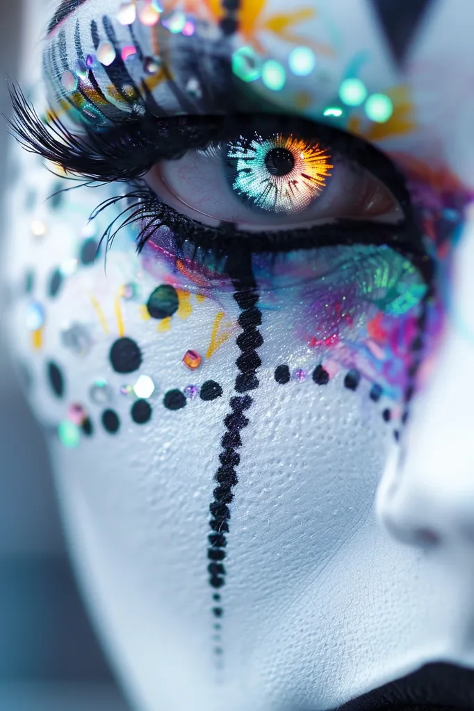 A close-up shot of a person's eye with vibrant makeup, featuring black eyeliner, long eyelashes, a white base, and colorful patterns and sequins. The eye has an unusual blue and yellow contact lens. The image is focused on the eye and has a blurred background.  The makeup creates a bold and dramatic look.