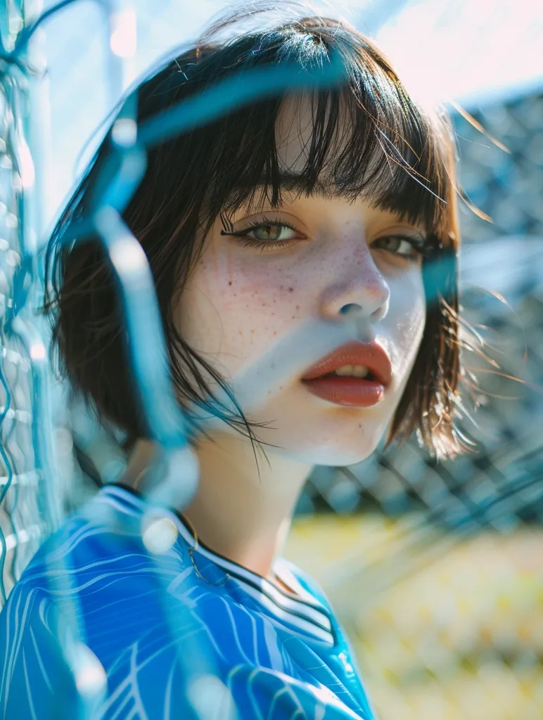 A young woman with dark hair and bangs looks directly at the camera. She is wearing a blue and white jersey. A blue fence is in the foreground, partially obscuring her face. The background is out of focus. The woman has a serious expression and her lips are slightly parted. Her skin is fair and freckled. The overall mood of the image is contemplative and slightly melancholic.