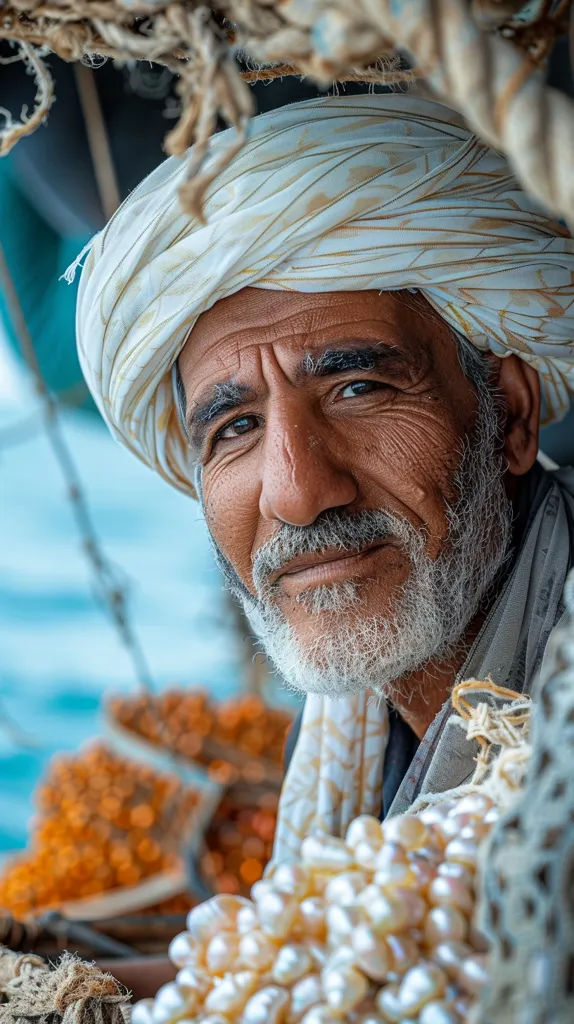 An older man with a white turban and a long white beard, looks directly at the camera. He is wearing a light gray shirt and has a string of pearls draped over his shoulder. The background is blurred but appears to be an outdoor setting, possibly a boat or a market.