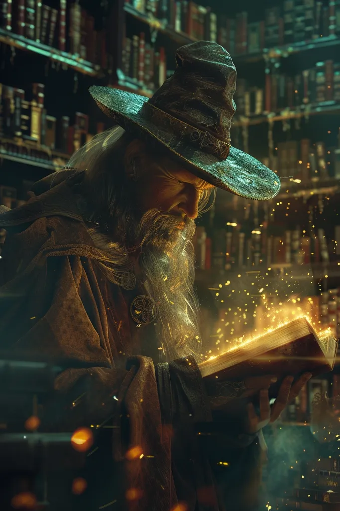 A cloaked, long-bearded man wearing a wide-brimmed hat holds a book that is glowing with magical energy. The book is open and sparks fly out of its pages. The man is surrounded by shelves filled with books, suggesting he is in a library or a place of learning. He appears to be engrossed in the book, his face filled with awe and wonder. The image suggests a scene of magic and enchantment.