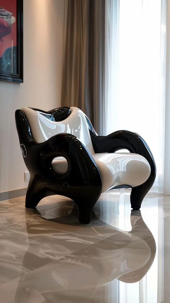 A modern, abstract chair in black and white sits on a glossy, white tiled floor. The chair is sculpted with rounded edges and features a large, circular cutout on the back.  A window and curtains are visible in the background, creating a soft, diffused light.  The chair is a statement piece with a unique and futuristic design.