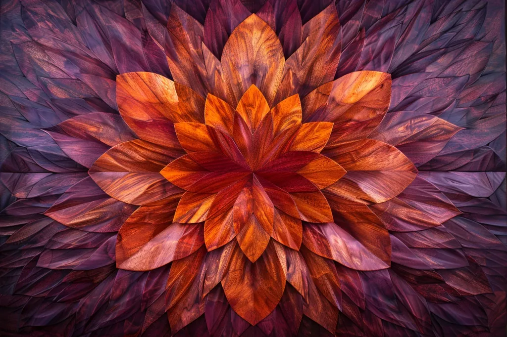 A wooden sculpture of a flower, crafted with meticulous detail. The petals are layered and textured, creating a sense of depth and dimension. The rich hues of red, orange, and purple enhance the organic beauty of the artwork, reminiscent of a blooming flower. The intricate wood grain patterns add a touch of natural elegance, making it a captivating piece.