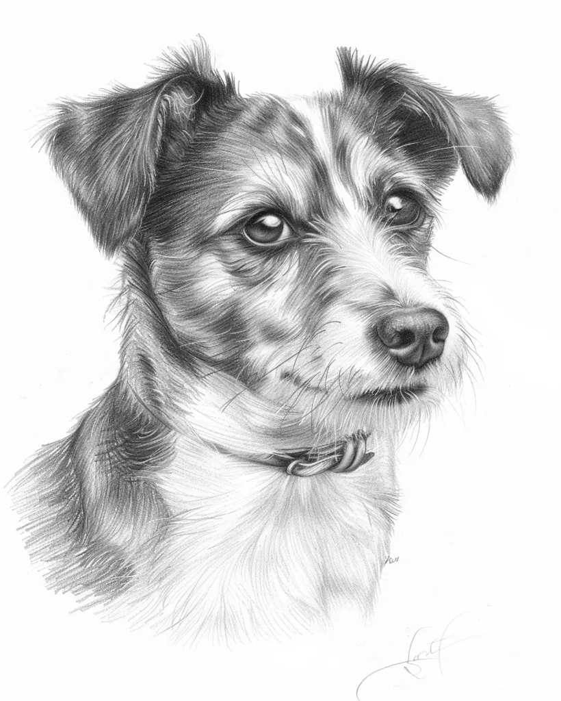 The drawing depicts a Jack Russell Terrier, a small breed known for its terrier characteristics. The dog's head is turned slightly to the right, its ears are perked up, and its eyes are focused on something off-screen. The artist has captured the dog's playful, energetic personality through the detailed rendering of its fur and facial expressions. The drawing is in pencil, with shading that creates depth and texture. It is a realistic portrayal of the breed.