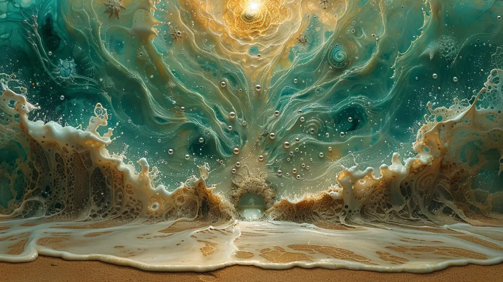 A wave crashes onto a sandy beach, its foamy crest creating a lacy curtain. The water behind the wave is a mesmerizing blend of turquoise and gold, with bubbles and swirls like a dreamscape. Light streams from above, illuminating the water's ethereal beauty.