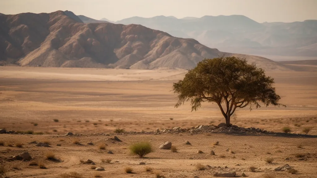 A solitary tree stands tall in a vast desert landscape. The sun casts a warm glow over the scene, illuminating the dry, sandy terrain and distant, rolling hills. The tree's branches stretch towards the sky, offering a small patch of shade in the harsh environment. The landscape is both desolate and beautiful, showcasing the resilience of life in extreme conditions.
