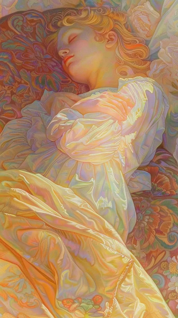 A young woman with long blonde hair sleeps peacefully in a bed adorned with a richly patterned fabric. She is draped in a white gown that is intricately detailed and appears to be made of a delicate material, possibly silk or satin. The painting uses soft, warm colors that evoke a sense of tranquility and beauty.