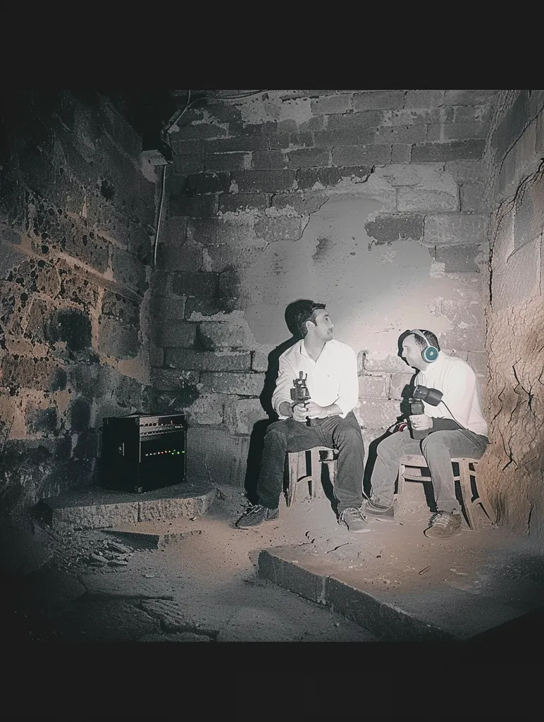 Two men are sitting in a dark, brick room. One man is wearing headphones and is holding a microphone, while the other man is holding a microphone and looking at him. There is a small black speaker to the left of the men. The room is dimly lit, and the light is coming from a source above and behind the men. The walls are made of brick and are covered in a layer of dust. The floor is also made of brick and is cracked and uneven.