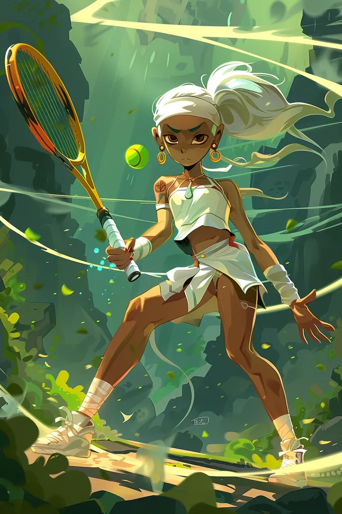 A woman with long white hair, wearing a white tennis outfit and holding a tennis racket, is in mid-swing, about to hit a tennis ball. She is standing in a lush green forest setting. The image is stylized, with vibrant colors and a cartoonish style.  The woman's expression is focused and determined, her eyes narrowed as she aims for the ball. The image is dynamic, conveying the energy and excitement of the game.