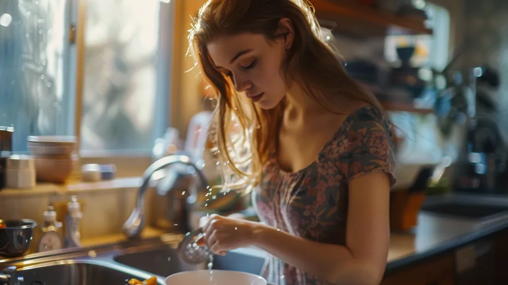 A young woman with long red hair is standing in a kitchen, wearing a floral dress. She is looking down at a bowl in her hand, and her fingers are covered in water droplets. The kitchen is lit by warm, natural light streaming in from a window behind her.  She is  washing something in the bowl and it appears to be a small, wooden object.  The scene is peaceful and domestic.