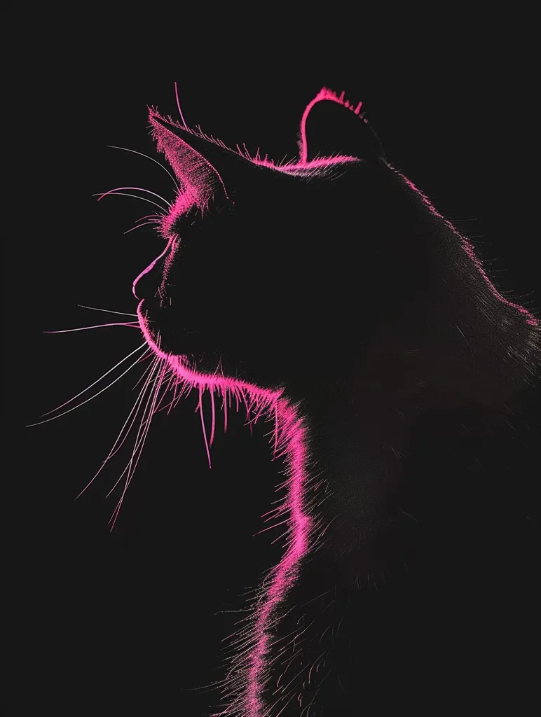 The image is a silhouette of a cat with pink highlights. It is looking to the right with its head tilted slightly. The cat's whiskers are visible and the outline of its body is clear. The background is black, creating a stark contrast with the pink highlights. The image has a minimalist and artistic feel.