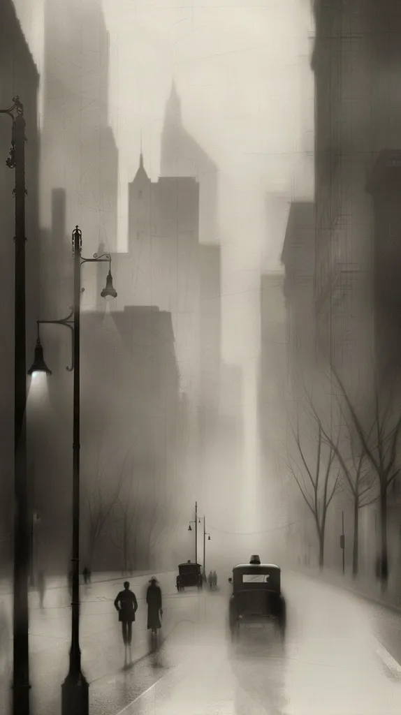 A black and white image of a foggy city street.  Tall buildings line the street, their outlines barely visible through the dense fog.  A lone car drives down the road, its headlights barely piercing the mist.  Several figures are walking along the sidewalk, their shapes indistinct in the haze.  A street lamp illuminates the foreground, casting a dim glow over the scene.  The overall impression is one of mystery and isolation.