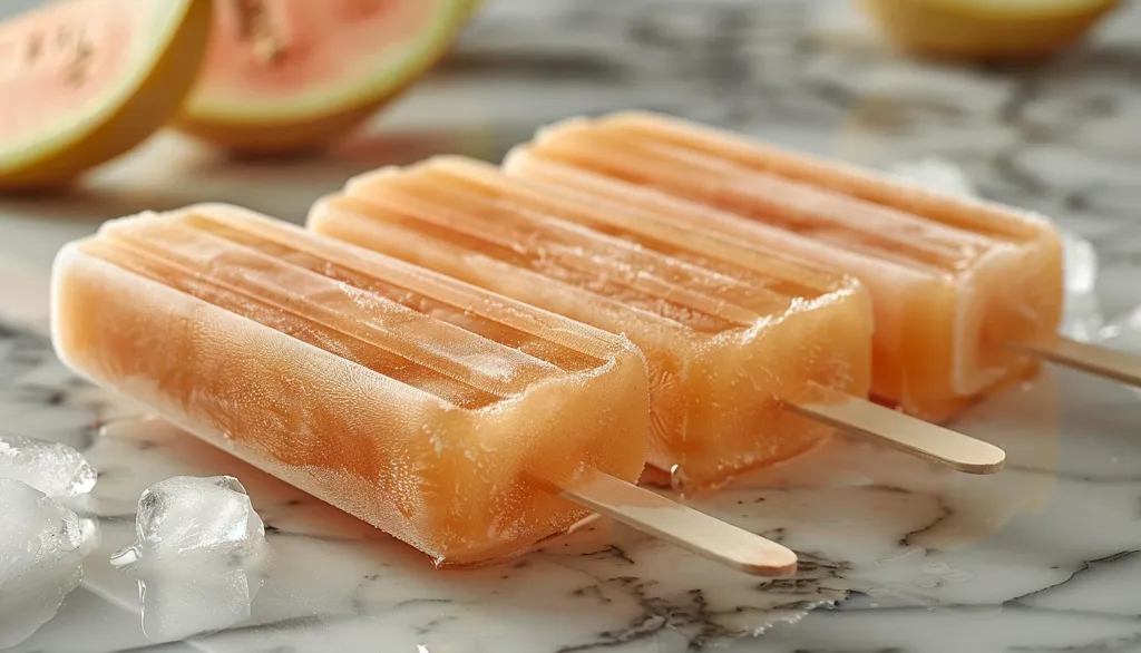 Three popsicles with a light orange color are sitting on a marble surface. They have wooden sticks and are partially covered in ice cubes. Two slices of watermelon are sitting in the background. The popsicles are a refreshing treat for a hot summer day.