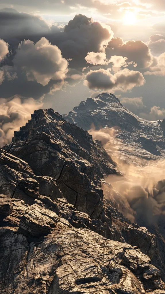 The image depicts a mountain range with a rocky, jagged peak in the foreground.  The mountain is shrouded in mist and clouds, creating a dramatic and ethereal atmosphere.  The sky is filled with fluffy, white clouds, and the sun is shining brightly, casting a warm glow over the scene.  The overall feeling is one of peace and tranquility.