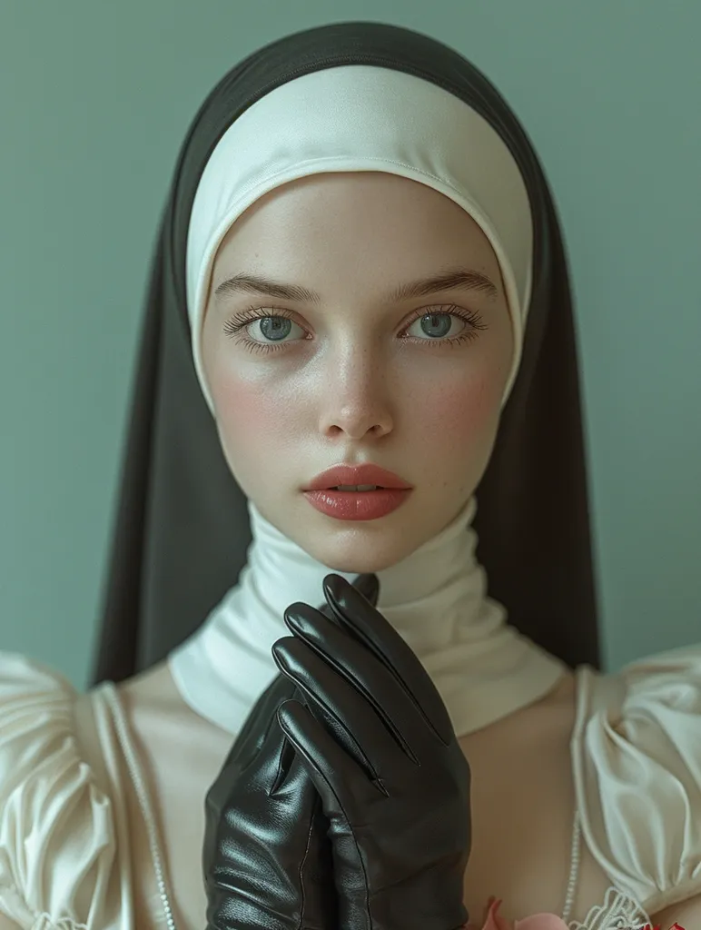 A woman with pale skin and piercing blue eyes gazes directly at the viewer. She is wearing a black and white nun's habit, and her hands are clasped together, adorned with long black leather gloves. The background is a soft, muted green, creating a serene and ethereal atmosphere.  The image evokes a sense of mystery and intrigue, leaving the viewer to contemplate the woman's thoughts and emotions.