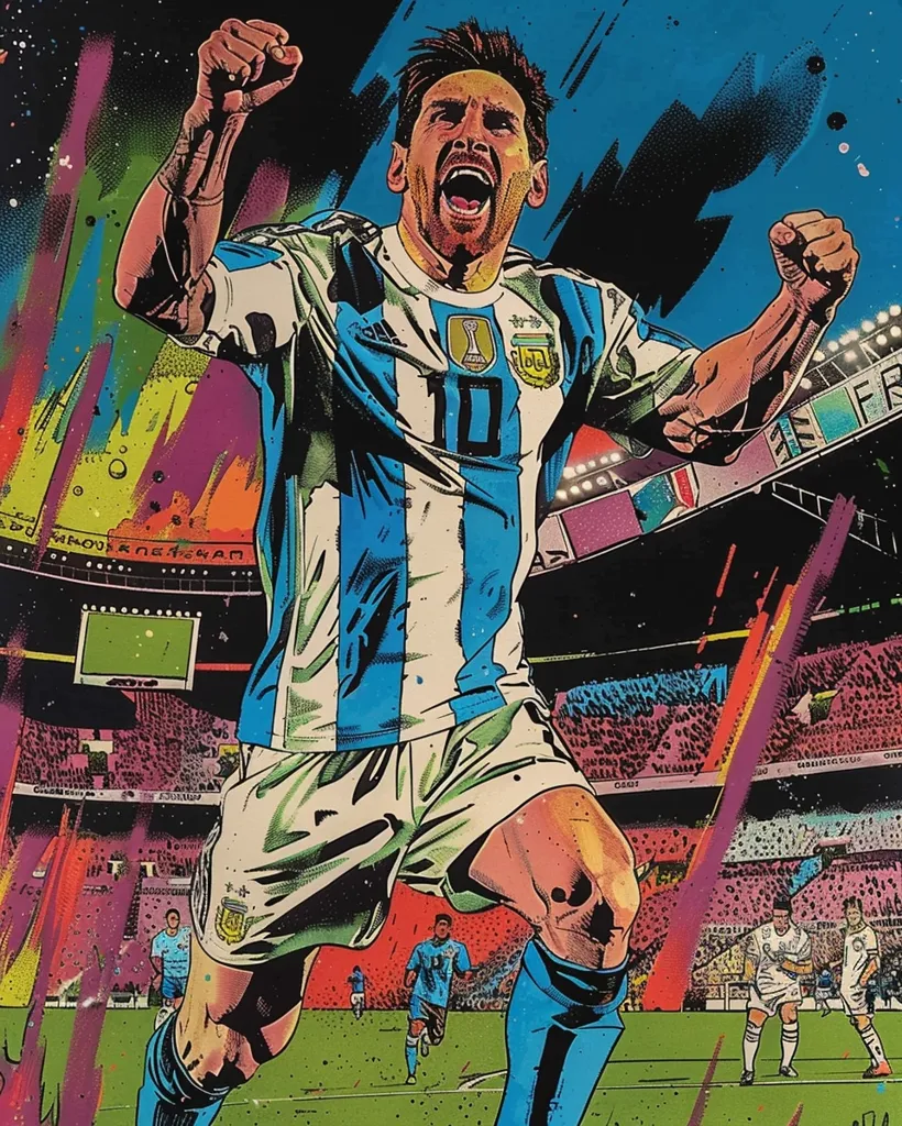 The image is a vibrant, graphic depiction of Lionel Messi, the Argentine soccer star. He is in mid-celebration, arms raised, wearing the iconic blue and white striped jersey of Argentina. The background shows a stadium with a blur of spectators, creating a sense of energy and excitement. The colors are bold and stylized, giving the image a comic book-like feel. Messi's determined expression and powerful pose highlight his athleticism and iconic status in the world of soccer.