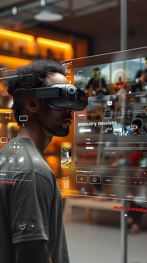 A man wearing a black t-shirt and a futuristic headset stands in front of a large digital screen. The screen displays information about a mission called \