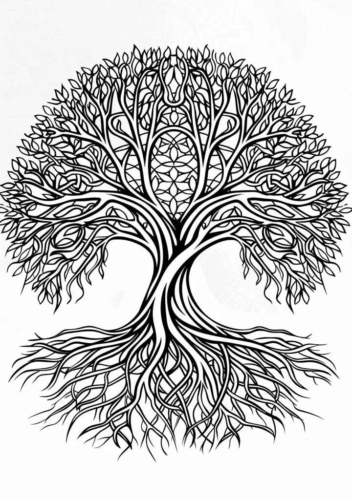The image is a black and white line drawing of a tree with a detailed, intricate design. The tree has a large, spreading canopy with leaves that are depicted as simple ovals. The trunk is thick and gnarled, and the roots are complex and intertwining, extending far out from the base. The tree's branches form a complex geometric pattern, creating a sense of symmetry and balance. The overall effect is one of strength, interconnectedness, and growth.