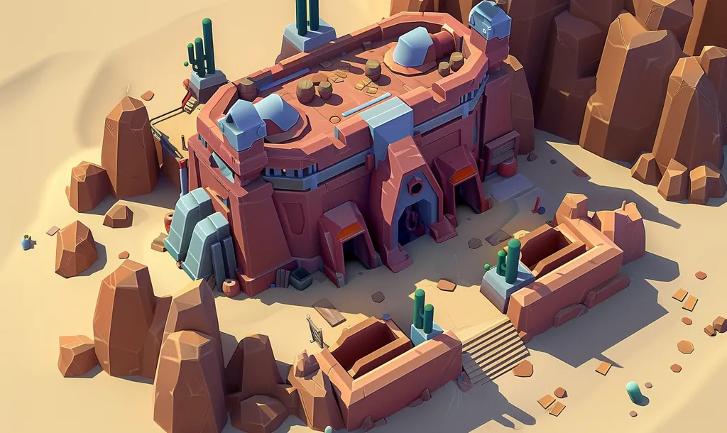 A low-poly, red-brick building sits in a desert landscape. The building has two levels, with a flat roof and multiple entrances. It is surrounded by jagged, brown rocks and some green cacti. The building appears to be an outpost or a small fortress, with a sense of isolation and mystery.  The scene has a cartoonish aesthetic, with a minimalist approach to detail.