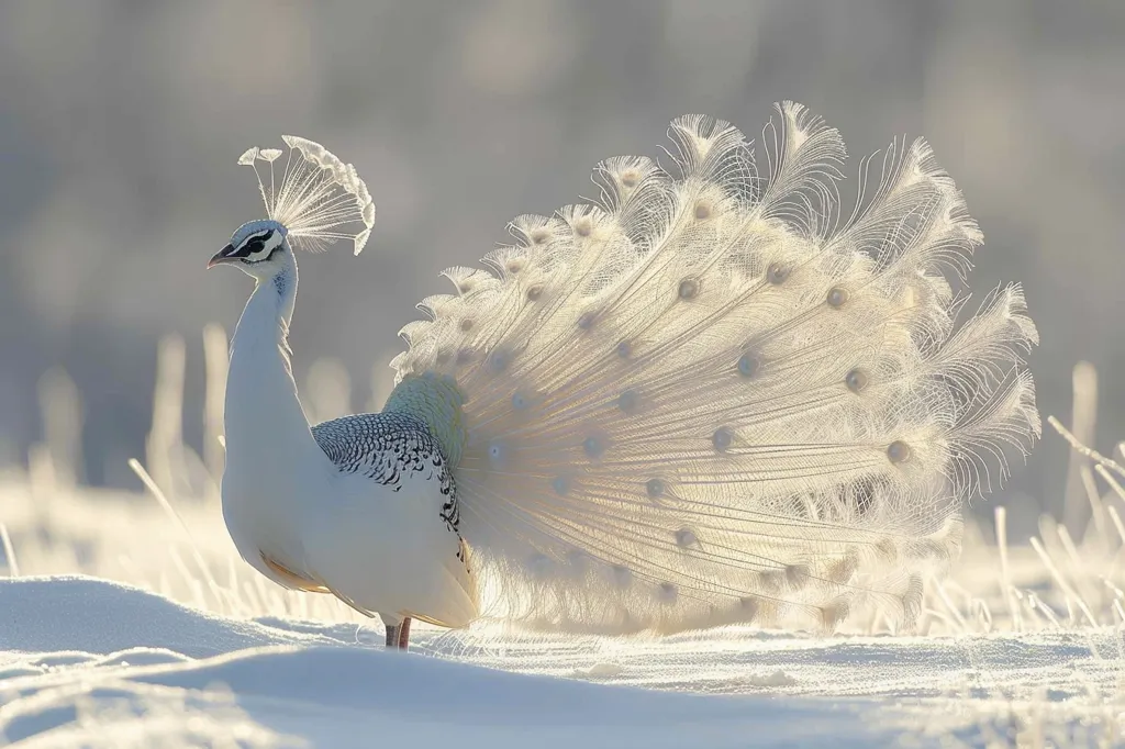 A white peacock stands in a snowy field, its tail feathers fanned out in a magnificent display. The bird's crest is raised, and its eyes are alert. The sunlight reflects off the snow and the feathers, creating a warm glow. The white peacock is a striking sight against the winter landscape.  The image captures the beauty and grace of this majestic bird.