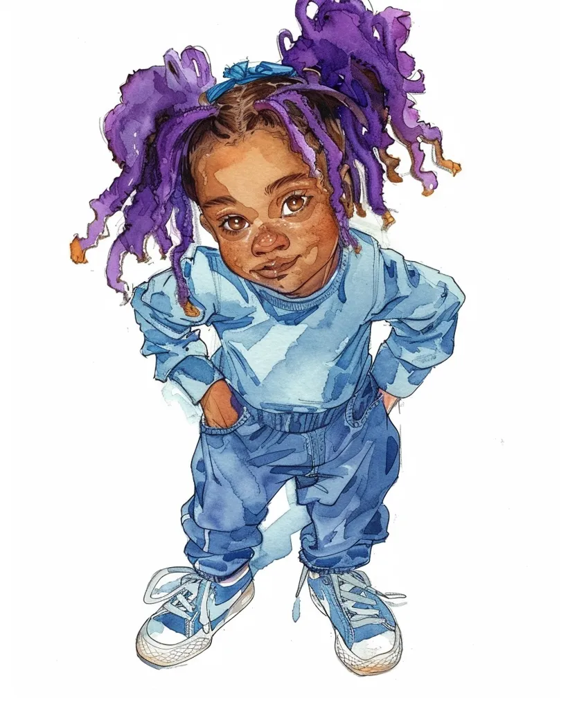 A young girl with bright purple dreadlocks tied in two pigtails stands with her hands in her pockets. She is wearing a light blue shirt and dark blue jeans, and her blue sneakers have white laces. She looks directly at the viewer with a slight smile on her face. The background is white.  The illustration is done in watercolor.