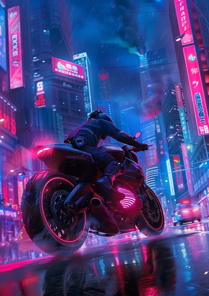 A motorcyclist races through a neon-lit city at night.  The rider is wearing a helmet and a black leather jacket. The motorcycle has pink accents and a glowing rim, reflecting the city's vibrant lights. The wet streets and the rain falling from the sky add to the futuristic and stylish feel of the scene.  The scene is framed by tall buildings with glowing signs and ads in Japanese. The overall image is vibrant and dynamic, showcasing the speed and energy of urban life.