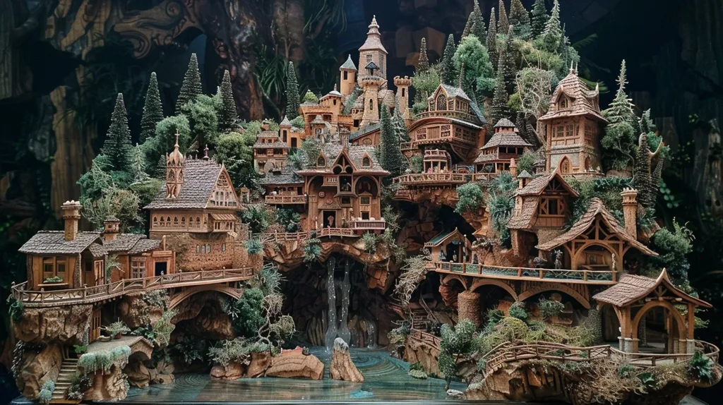 A miniature village crafted from wood and other natural materials. The village is nestled in a lush, green forest, with a cascading waterfall flowing into a small pond at the base of a rocky cliff. The houses are intricately detailed, with wooden beams, stonework, and thatched roofs. There are bridges and pathways winding through the village, connecting the different houses. The overall effect is one of whimsical charm and enchanting beauty.