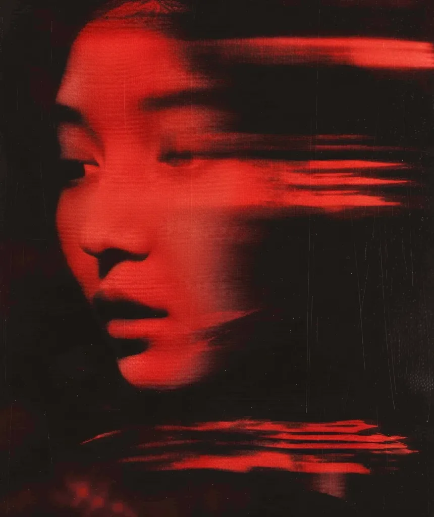 The image is a close-up portrait of a woman's face. The image is in red and black, with the woman's face highlighted in red.  The background is blurred, creating a dreamy and ethereal effect.  The woman's expression is mysterious and alluring.  The image is stylized with a vintage aesthetic, creating a sense of nostalgia and intrigue.