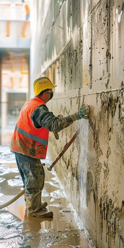 A construction worker, wearing a yellow hard hat and a bright orange vest, is smoothing a wet concrete wall with a long-handled tool. He is standing in a puddle of water and mud, and the wall is rough and textured. The worker is focused on his task, and his movements are precise. The image captures the hard work and dedication of construction workers, and the dirty and messy nature of their job.