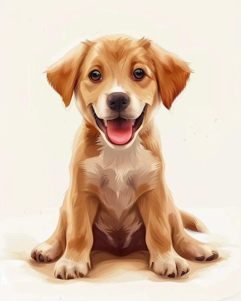 A cute, light brown puppy sits on a light brown surface. It has big, dark eyes and a wide, pink smile, revealing its tongue. It is looking directly at the camera. The puppy has soft, fluffy fur and big, floppy ears. The background is a simple white with subtle hints of brown.  The puppy looks happy and playful.
