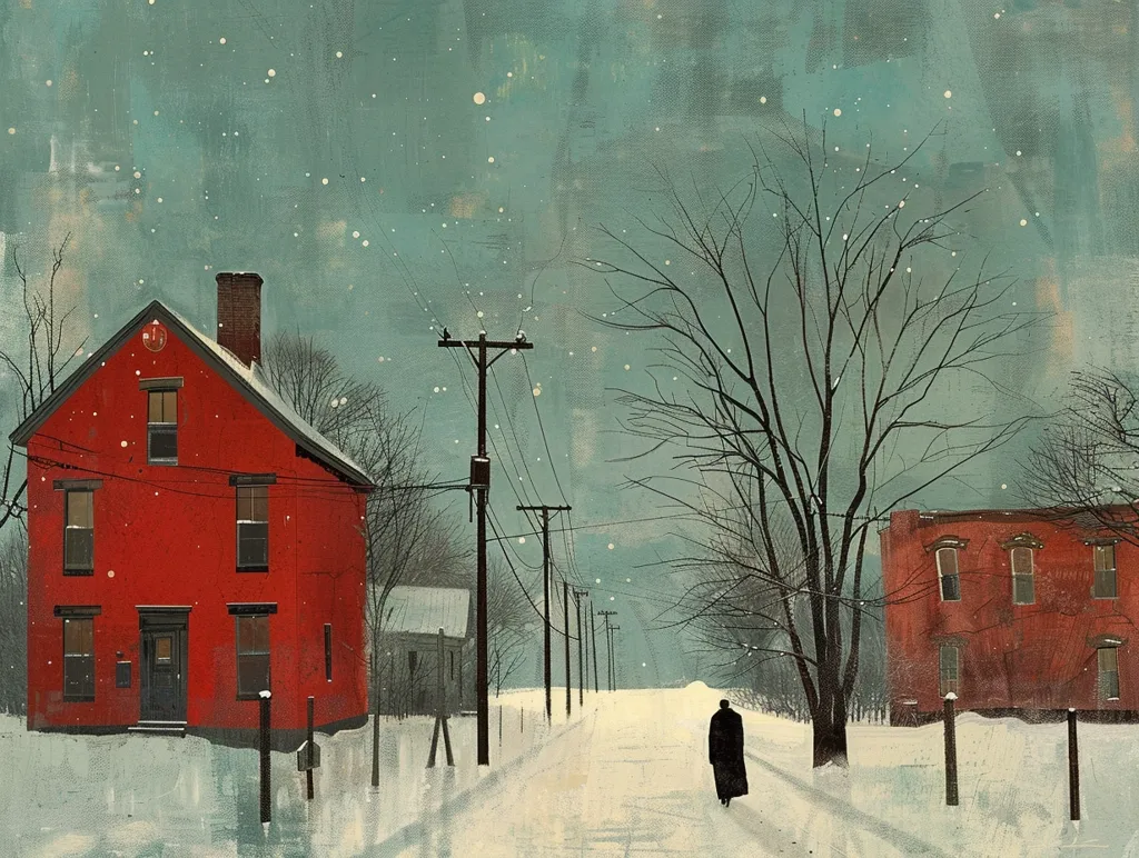 The image depicts a snowy, quiet street scene. A single figure walks towards a red house on the left side of the street, a second red house can be seen on the right, with a large, bare tree in the foreground. The sky is a muted blue-grey with a scattering of white stars. The scene is peaceful and tranquil, with a sense of solitude and winter's stillness.