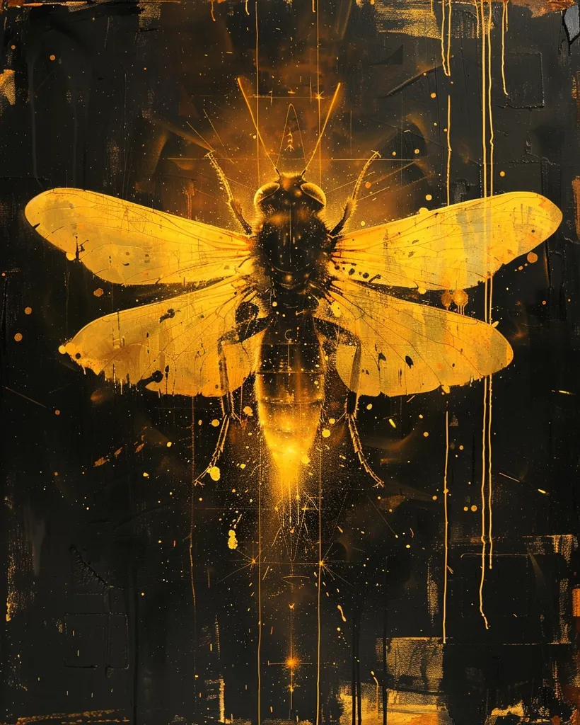 A golden bee is depicted against a black background, its wings spread wide and its body glowing with a soft light. The background is textured with splatters and streaks of gold paint, adding a sense of depth and movement to the image. The bee's position in the center of the canvas, with its wings outstretched, creates a sense of dynamism and power.