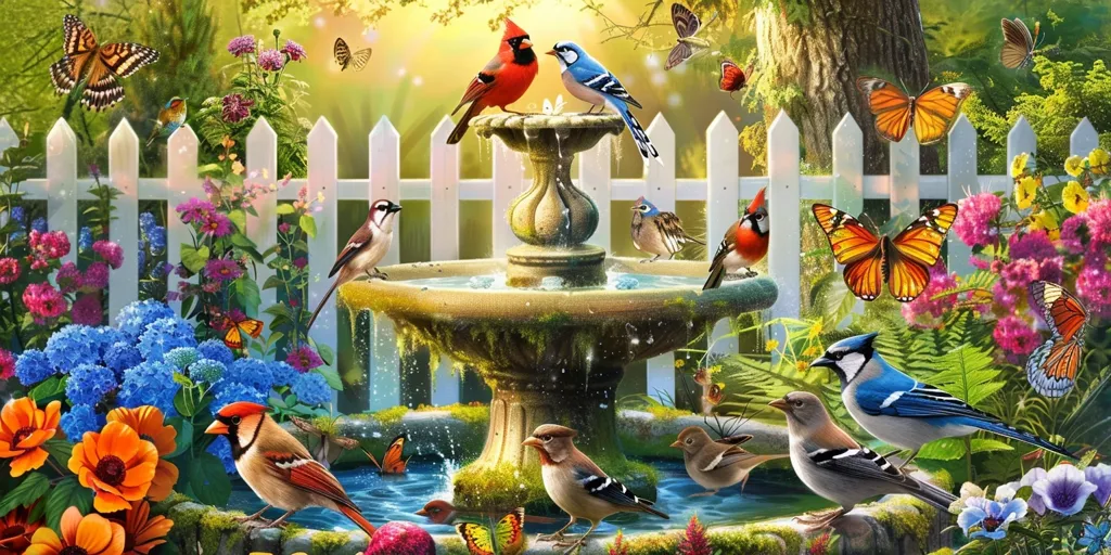 A stone fountain with birds perched on the edge and butterflies fluttering around. The fountain is surrounded by lush greenery, flowers in a variety of colours, and a white picket fence.  A cardinal, a blue jay, and a sparrow are among the birds, while monarchs and swallowtails are the butterflies. The scene is a peaceful and idyllic image of nature.