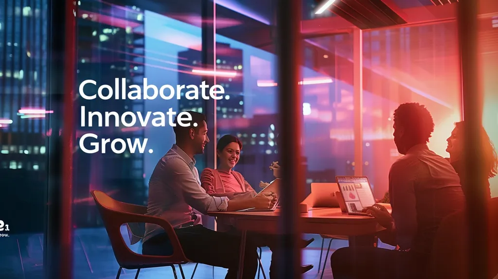 A group of four people sit around a table in a modern office space. The room is bathed in warm, orange light, and the cityscape outside the windows is lit up with neon signs. The people are all looking at each other, seemingly engaged in a conversation. The words \