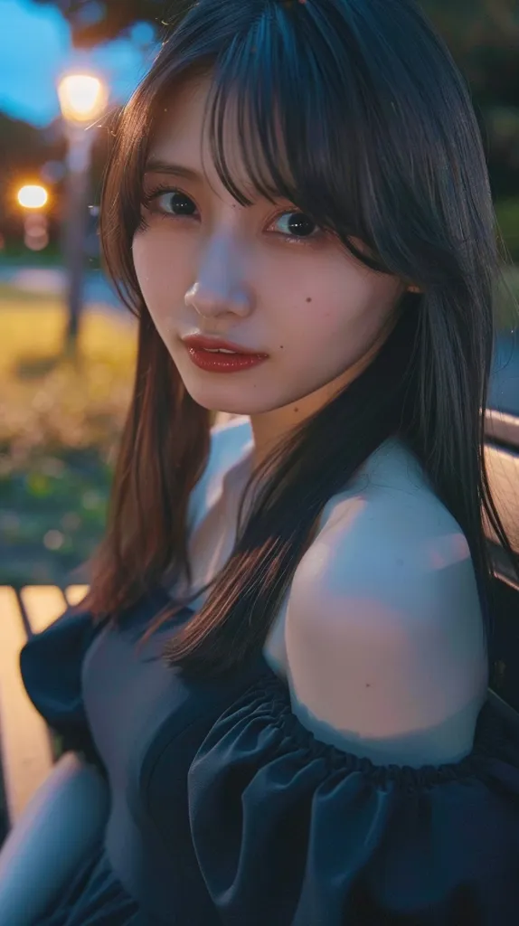 A young woman with long black hair sits on a bench, looking directly at the camera. She wears a dark blue off-the-shoulder top and has a soft, delicate expression. The warm lighting creates a soft glow around her, highlighting her features. The background is blurred, focusing attention on the woman.