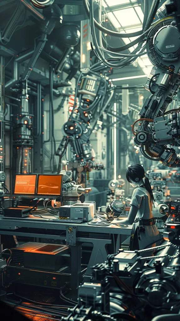 A woman in a white shirt and black skirt works on a futuristic machine in a factory. The machine is complex and intricate, with multiple parts and wires. The woman is focused on her work, and the scene is both gritty and futuristic. There are two computer monitors displaying an orange light, behind her.  The factory is a maze of metal and machinery, with a sense of industrial purpose. The image suggests a world of technology and automation, where humans and machines work together to create something new.