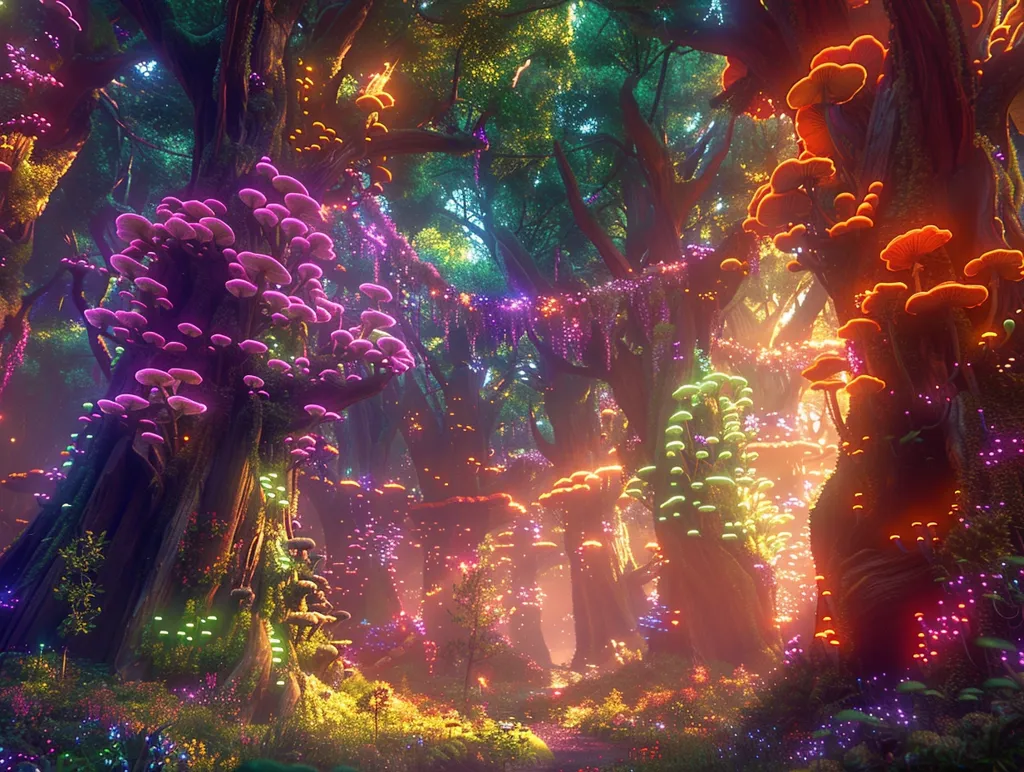 The image depicts a magical forest teeming with life. Tall, ancient trees, adorned with glowing, colorful mushrooms, create an ethereal ambiance. The forest floor is covered in vibrant flowers, casting a spellbinding glow. The air is filled with a sense of wonder and mystery, inviting the viewer to explore this fantastical realm.
