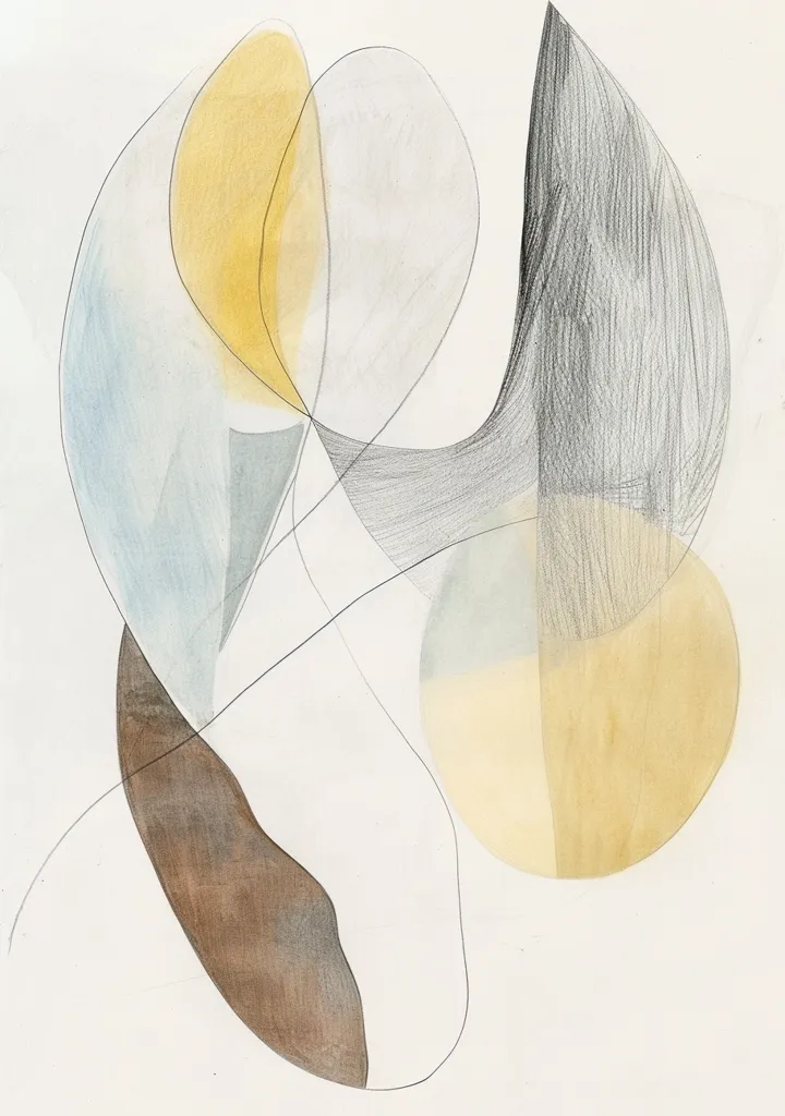 The image is an abstract drawing featuring overlapping organic shapes in various shades of yellow, brown, grey, and blue. They are layered on top of a white background, creating a sense of depth and dimension. Thin black lines connect the shapes and add a delicate touch to the composition. The overall aesthetic is minimalist and serene, with a focus on form and color.