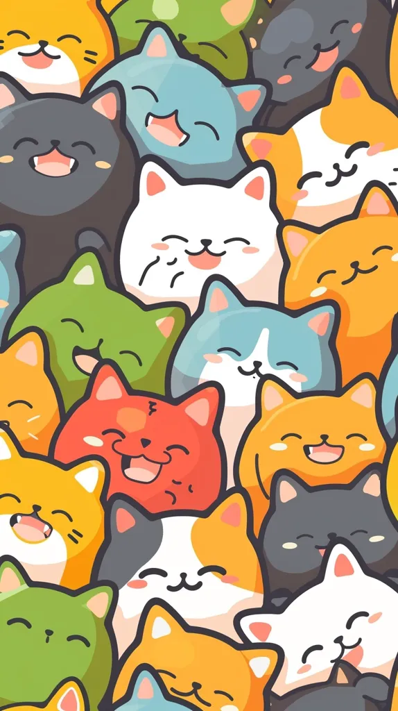 The image is a colorful cartoon pattern of happy cats. They are all different colors and have different expressions on their faces, but they are all smiling and seem to be having a good time. There are many cats in the image, and they are all clustered together, creating a sense of playful chaos. The image is bright and cheerful, and it is likely to make viewers smile.