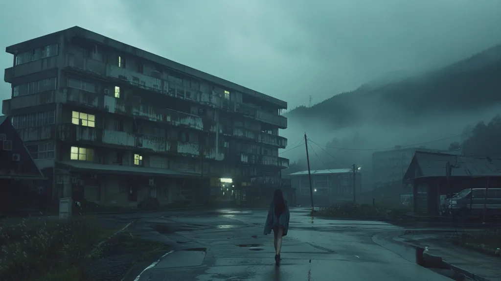 A lone figure walks down a deserted street in a fog-shrouded town. A large, grey apartment building dominates the left side of the frame, with its windows glowing dimly. The street is wet, reflecting the dim streetlights and the gloomy sky. The atmosphere is eerie and melancholic.