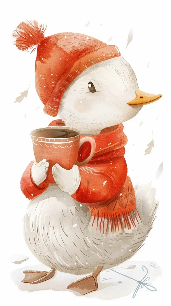 A cute cartoon duck is wearing a red knitted hat and scarf and holding a cup of hot chocolate. It's standing on snow and a few snowflakes are falling around it. The duck has a happy expression and appears to be enjoying its warm drink.  The image is whimsical and charming.