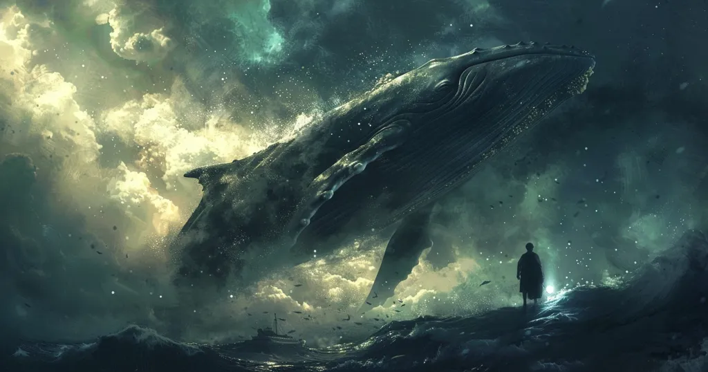 A giant whale, appearing almost mythical, dominates the stormy seas. Its massive form towers over a lone figure standing on a rocky shore, who appears to be gazing up at the leviathan in awe and wonder. The sky is a swirl of dark greens and yellows, with shimmering lights falling like rain. The overall feeling is one of awe and the vastness of nature.
