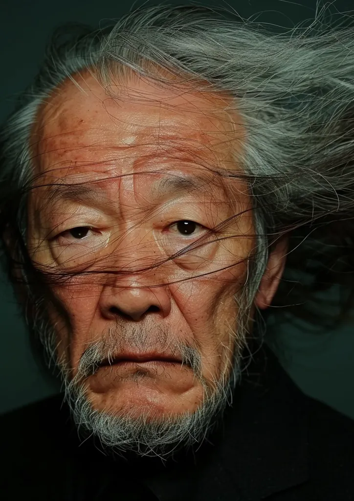 A close-up portrait of an elderly man with long, gray hair blowing in the wind. His face shows the lines of a life well-lived, with deep wrinkles around his eyes and mouth. The focus is on his intense gaze, his eyes looking directly at the camera. His white beard adds to the rugged beauty of his appearance. The image conveys a sense of wisdom and resilience.