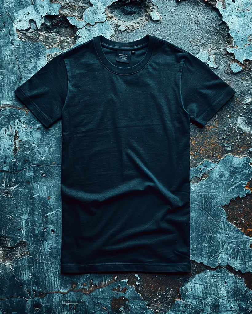 A plain dark green t-shirt lies flat on a distressed, blue, and rust-colored surface. The shirt has a crew neck and short sleeves, and it is made of a soft, cotton fabric. The shirt is slightly wrinkled, giving it a casual and relaxed look. The background is a close-up of a weathered concrete wall. The image is in focus and has a high level of detail.