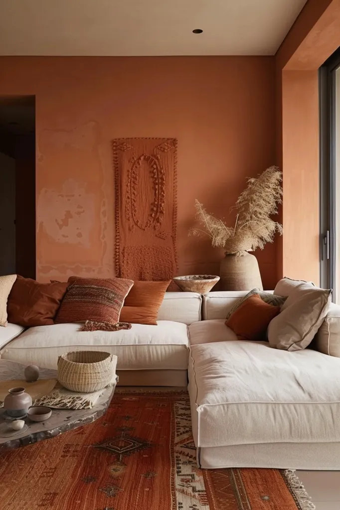 A white sectional sofa sits in a room with terracotta walls. The sofa is adorned with textured throw pillows in shades of brown and orange. A woven basket sits on a coffee table in front of the sofa, and a patterned rug covers the floor. A dried grass arrangement is in a vase against the wall. The room is lit by natural light streaming in from a window on the right.  The overall feel is warm, cozy, and inviting.