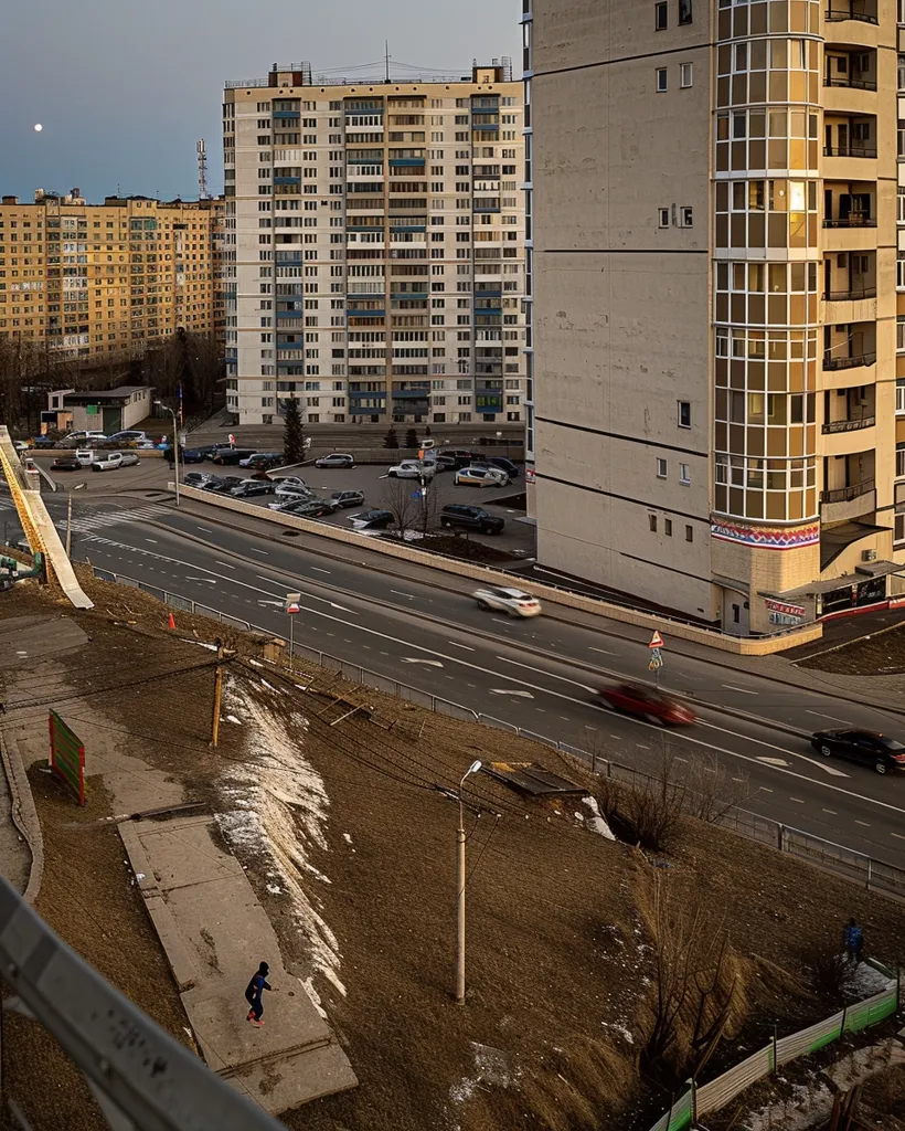 A view from a high-rise apartment building looking down at a city street. Several cars are driving on the road and a lone pedestrian walks on a dirt path below. There are several apartment buildings in the background, some of which are quite tall.  The sun is setting in the sky, casting a warm glow over the city.