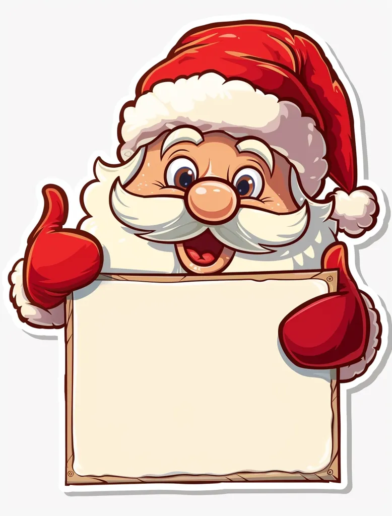 A cartoon Santa Claus with a big smile holds a blank sign. He is wearing a red hat and a white beard. The sign is made of wood and has a white background. The image is isolated on a white background. It's perfect for Christmas-themed designs or advertisements.
