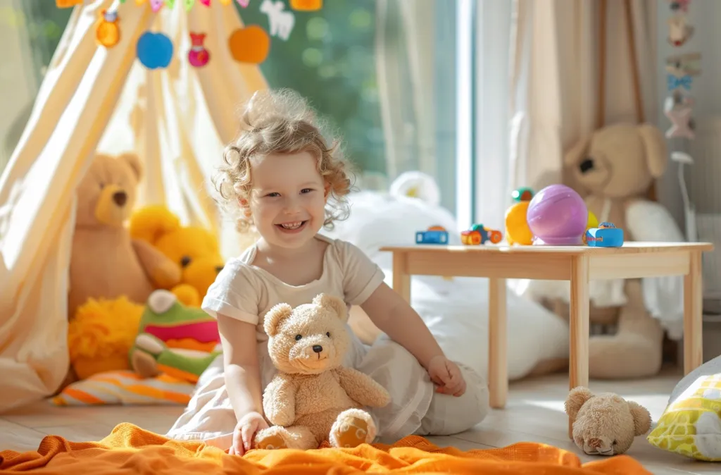 A young girl with curly blonde hair is sitting on an orange blanket, smiling at the camera. She is holding a teddy bear and sitting in front of a white teepee tent. The room is bright and sunny, with a wooden table and toys scattered around. The girl looks happy and playful.
